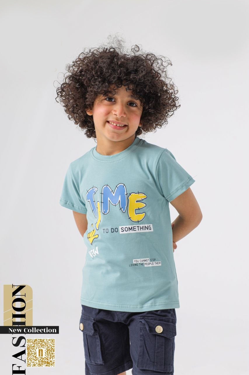 طقم "TIME TO DO SOMETHING" – تيشيرت قطن مريح مع شورت جبردين متعدد الجيوب  6000