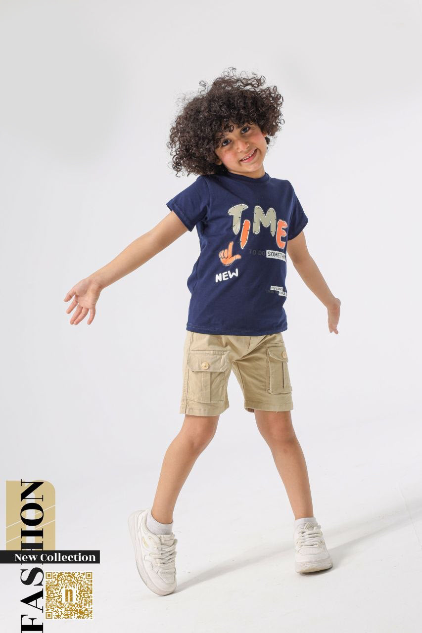 طقم "TIME TO DO SOMETHING" – تيشيرت قطن مريح مع شورت جبردين متعدد الجيوب  6000