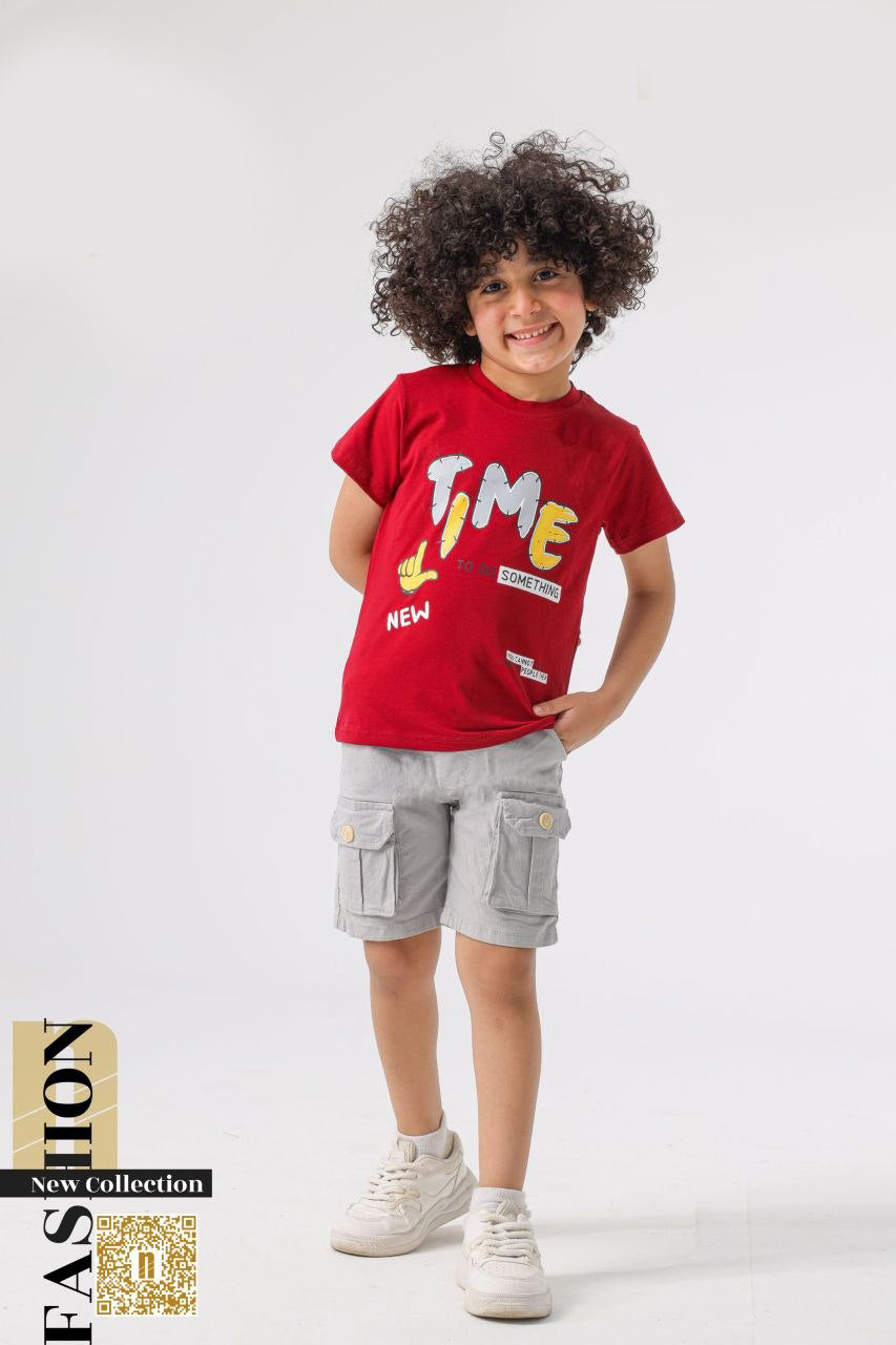 طقم "TIME TO DO SOMETHING" – تيشيرت قطن مريح مع شورت جبردين متعدد الجيوب  6000