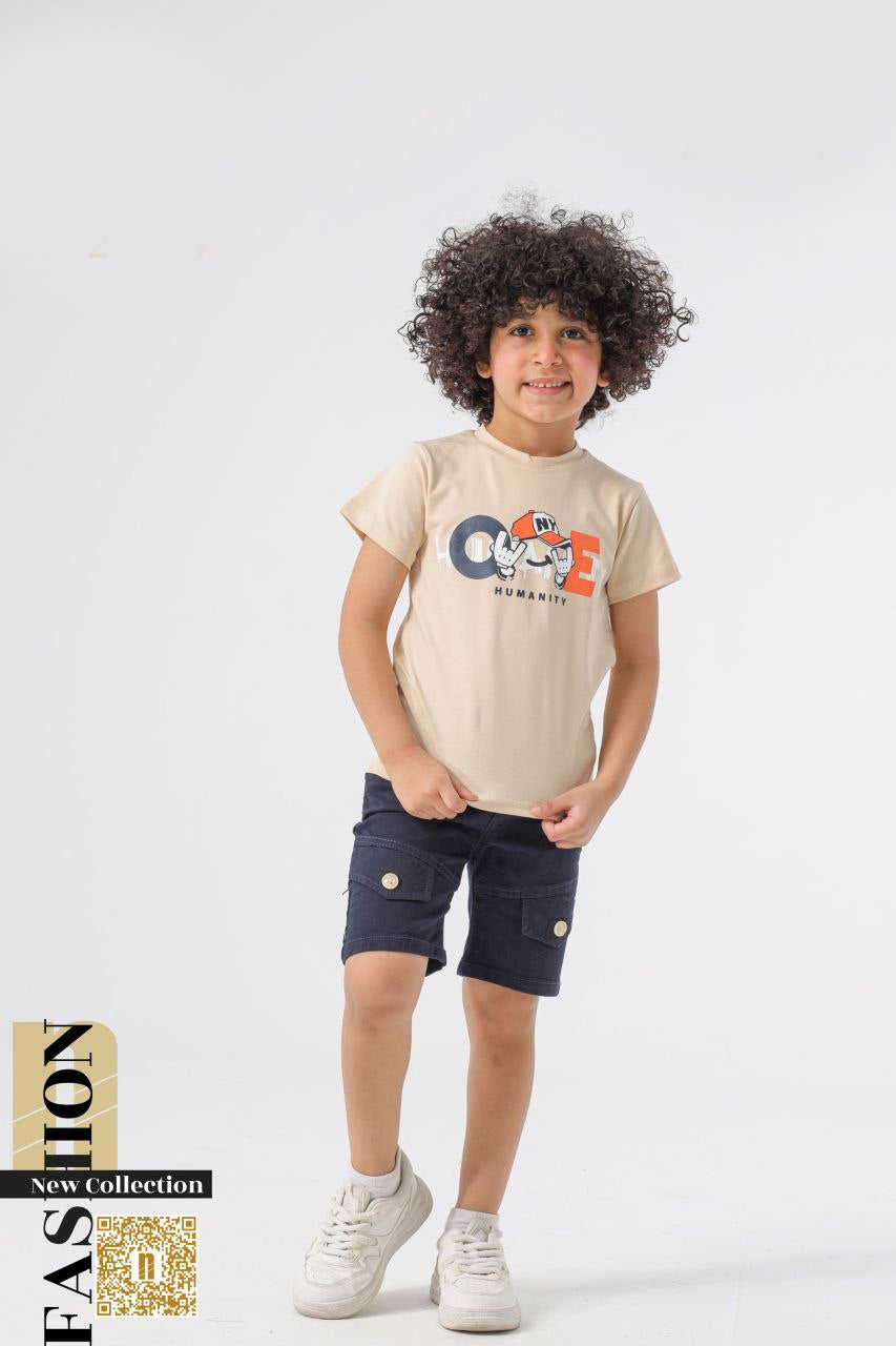 طقم "ONE HUMANITY" –  6001  تيشيرت قطن مرح مع شورت كارجو