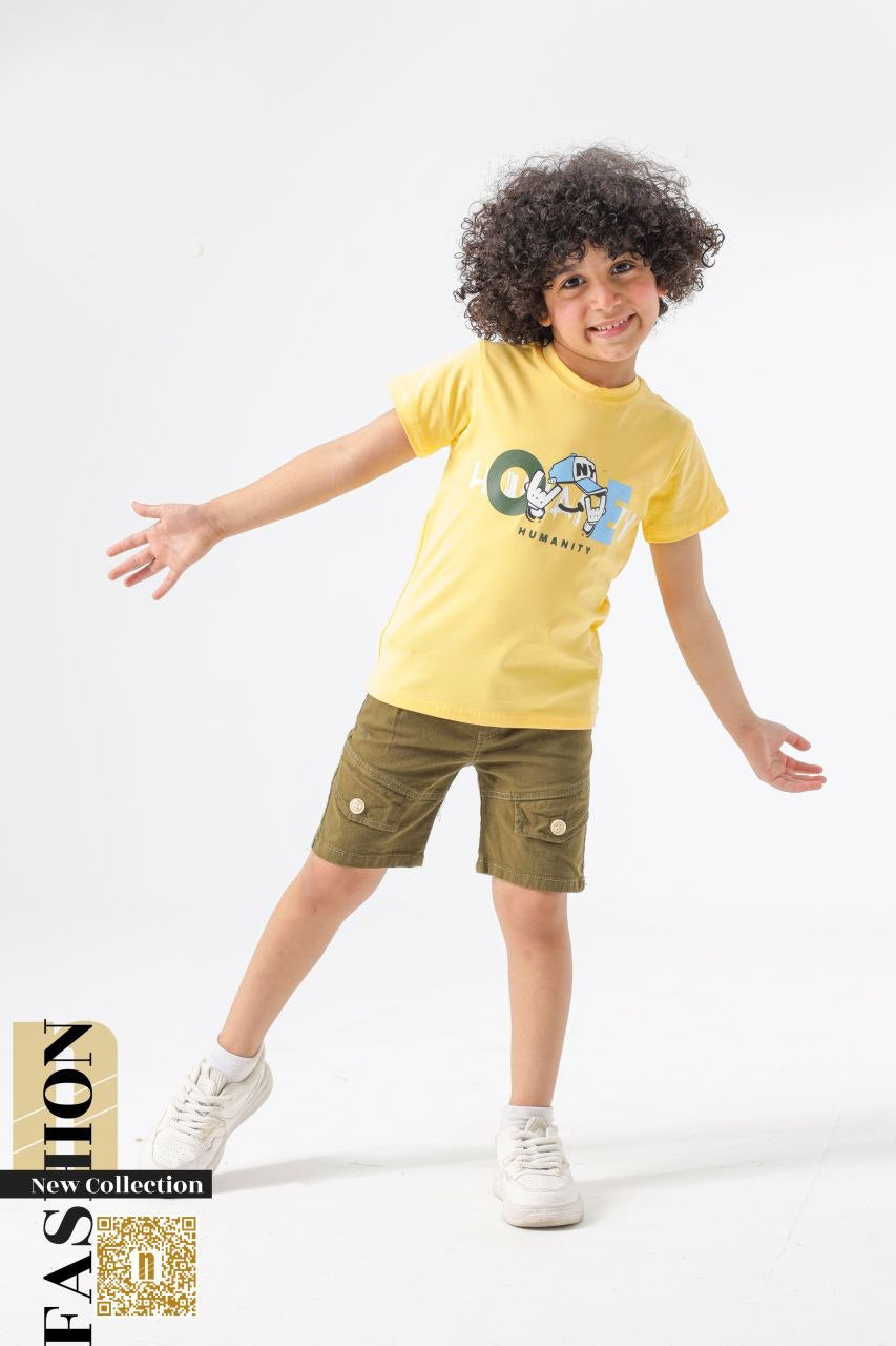 طقم "ONE HUMANITY" –  6001  تيشيرت قطن مرح مع شورت كارجو
