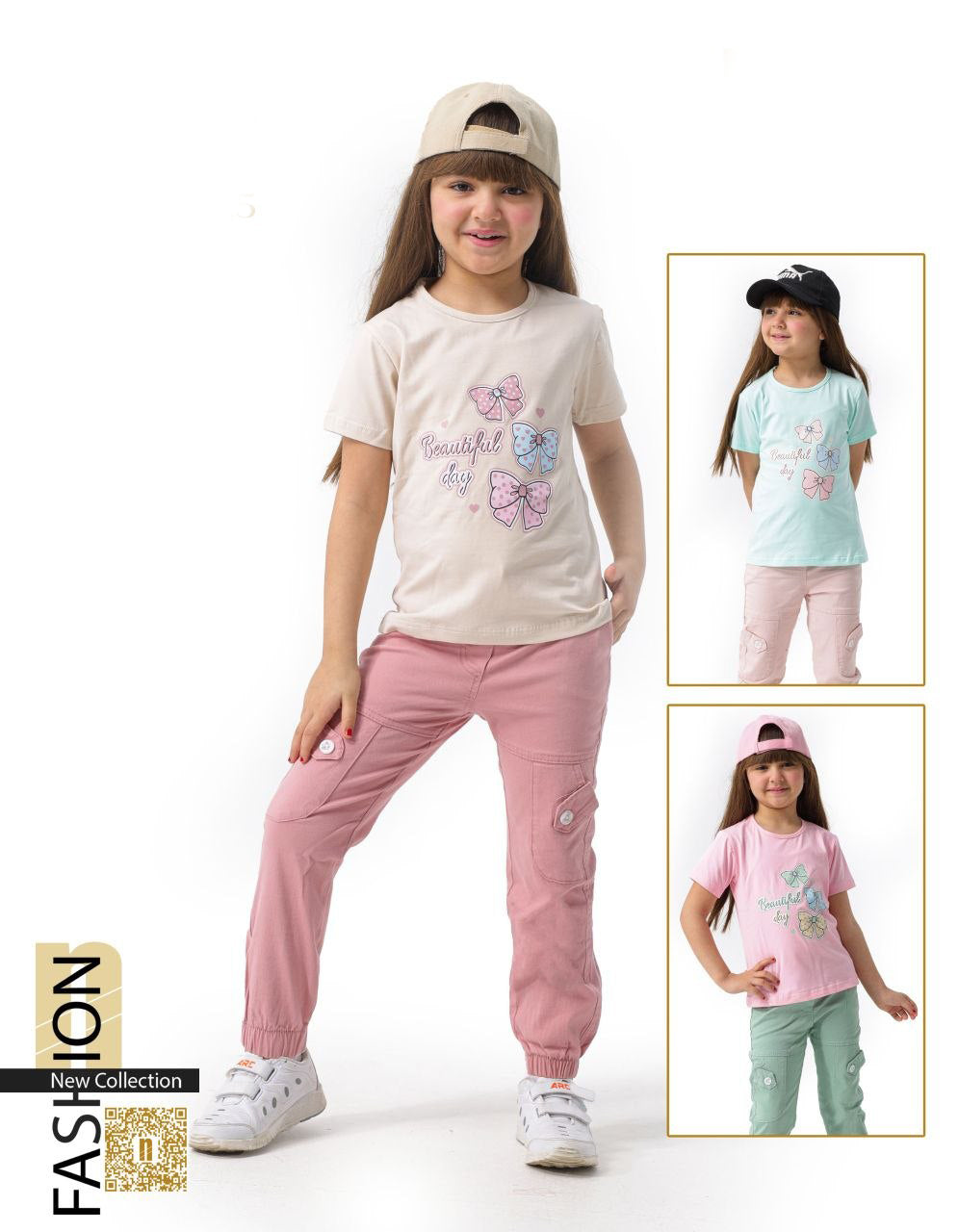 طقم بناتي "Beautiful Day" –  7006 تيشيرت مطبوع مع بنطلون كارجو جوجر