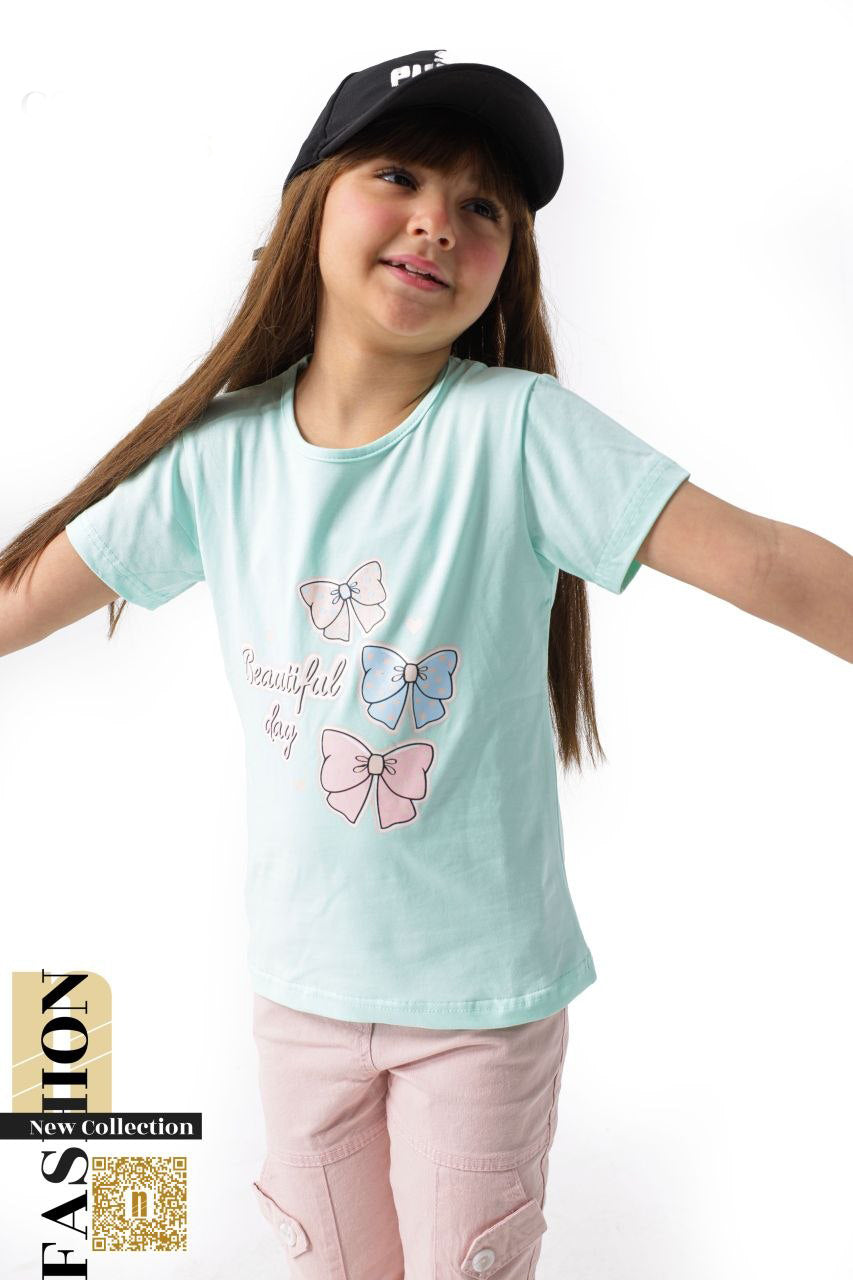 طقم بناتي "Beautiful Day" –  7006 تيشيرت مطبوع مع بنطلون كارجو جوجر