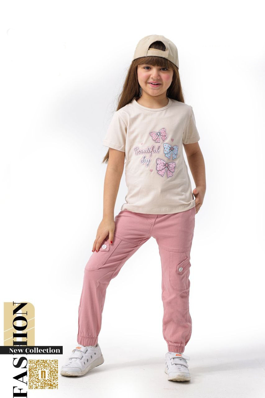 طقم بناتي "Beautiful Day" –  7006 تيشيرت مطبوع مع بنطلون كارجو جوجر