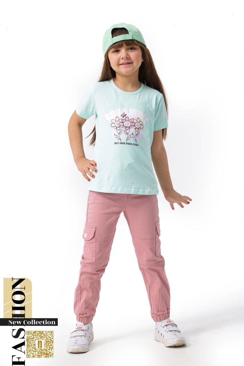 طقم بناتي كاجوال "Floral Touch" – تيشيرت مطبوع + بنطلون كارجو  7004