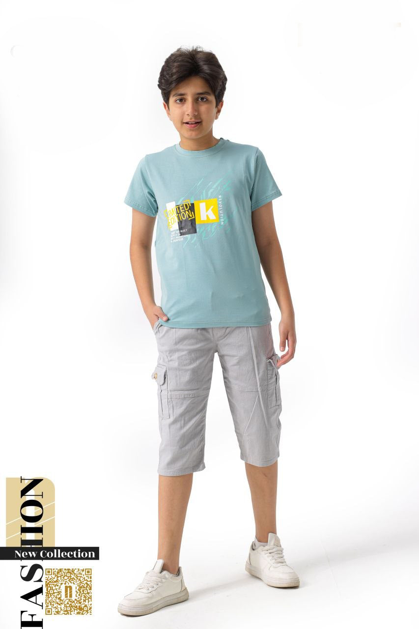 طقم أولادي عصري "Urban Explorer" – تيشيرت جرافيك + شورت كارجو جبردين  6003