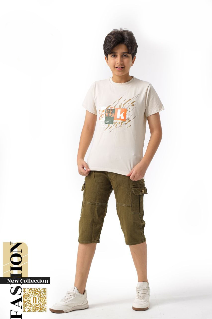 طقم أولادي عصري "Urban Explorer" – تيشيرت جرافيك + شورت كارجو جبردين  6003