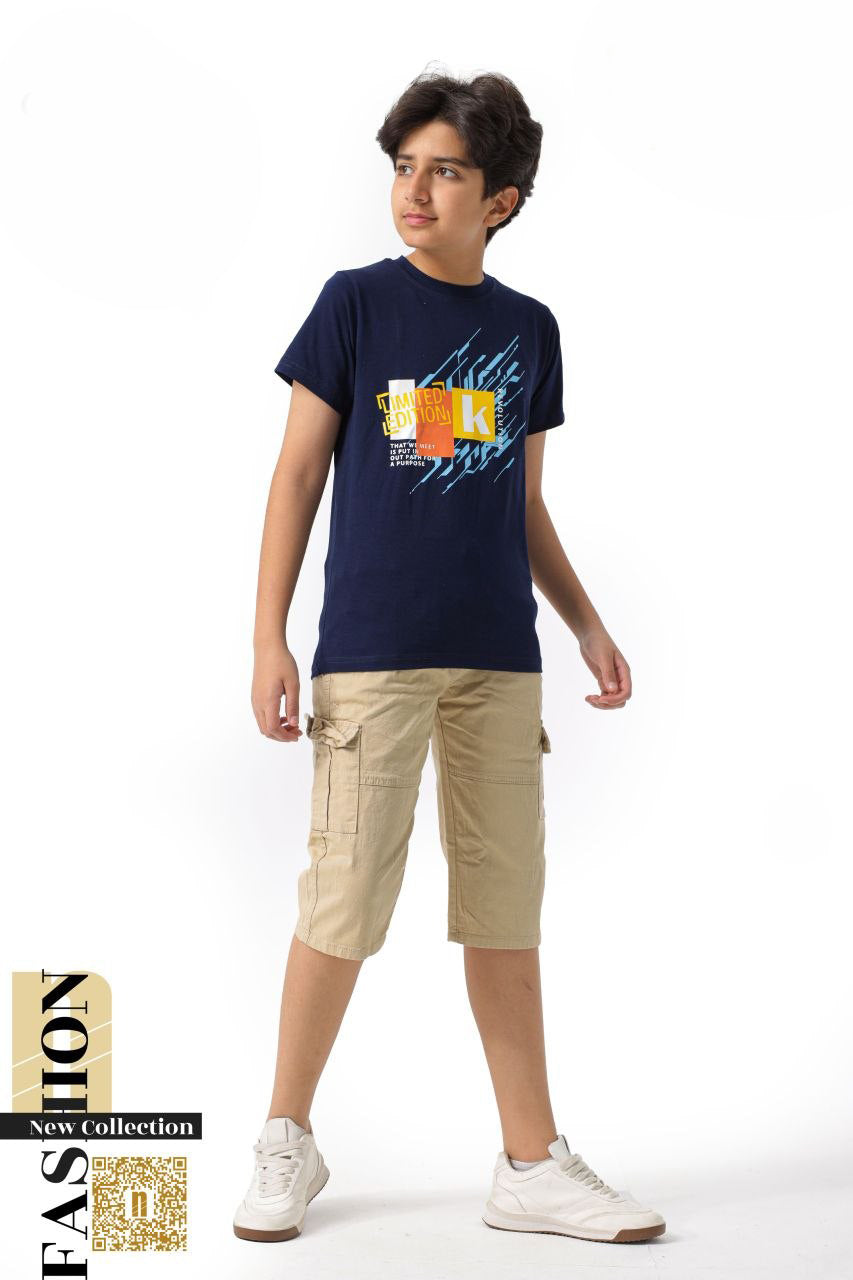 طقم أولادي عصري "Urban Explorer" – تيشيرت جرافيك + شورت كارجو جبردين  6003