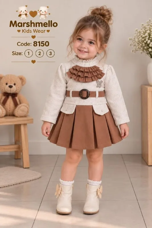 فستان بناتي بكسرات وحزام — كود 8150