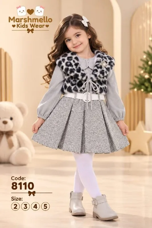 فستان بناتي بفيست فرو وحزام — كود 8053